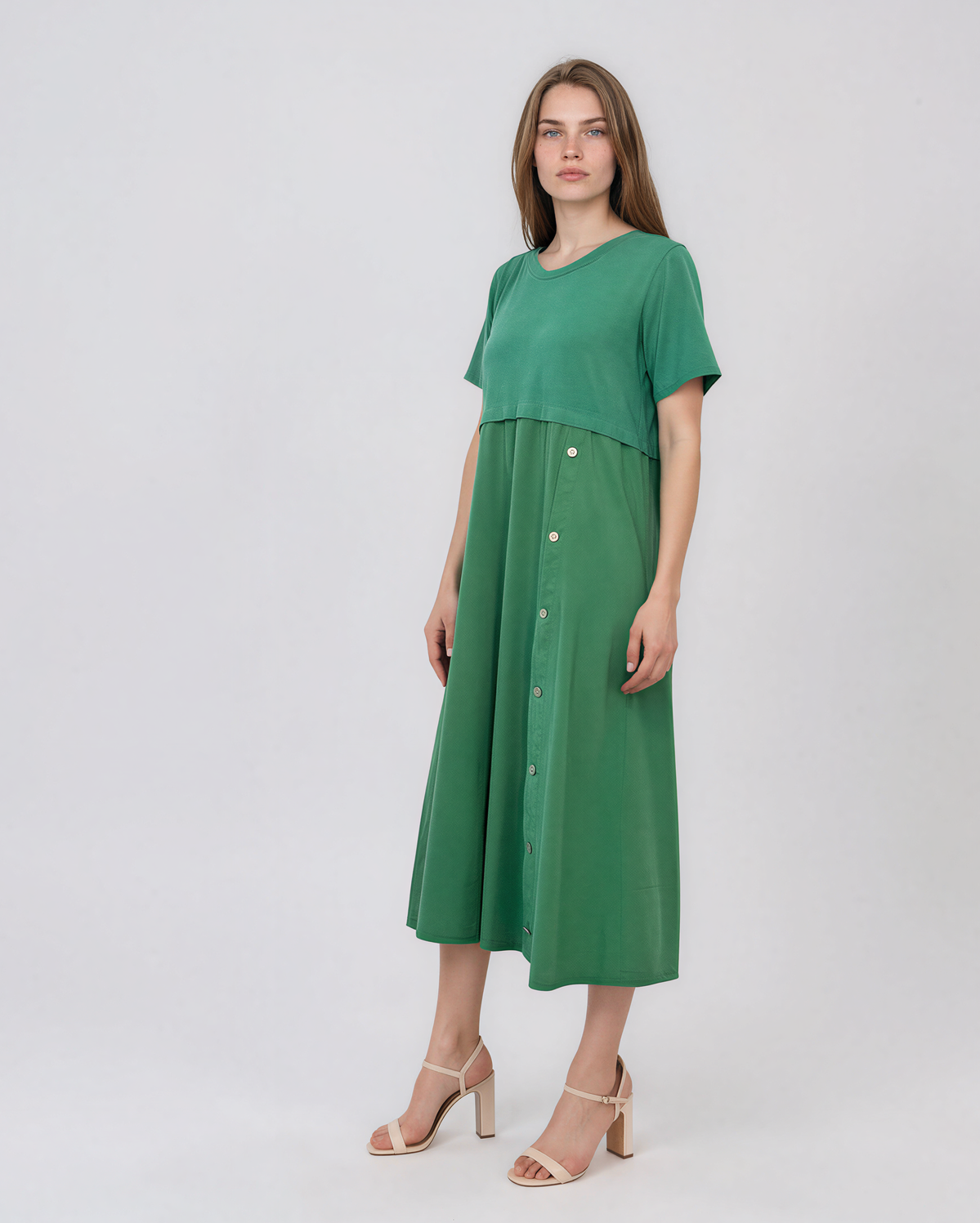 Rochie midi din bumbac cu nasturi laterali și buzunar verde PR968