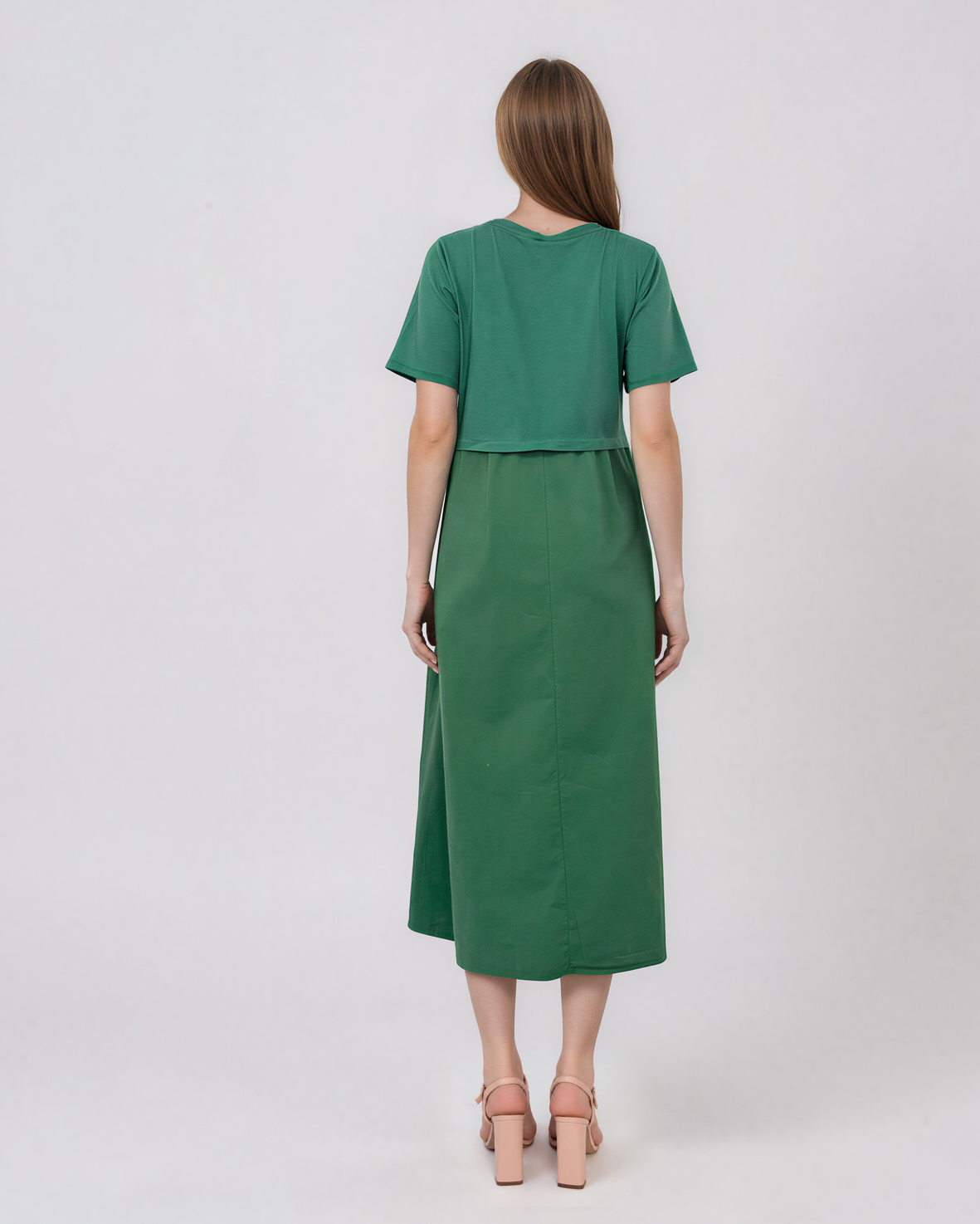 Rochie midi din bumbac cu nasturi laterali și buzunar verde PR968