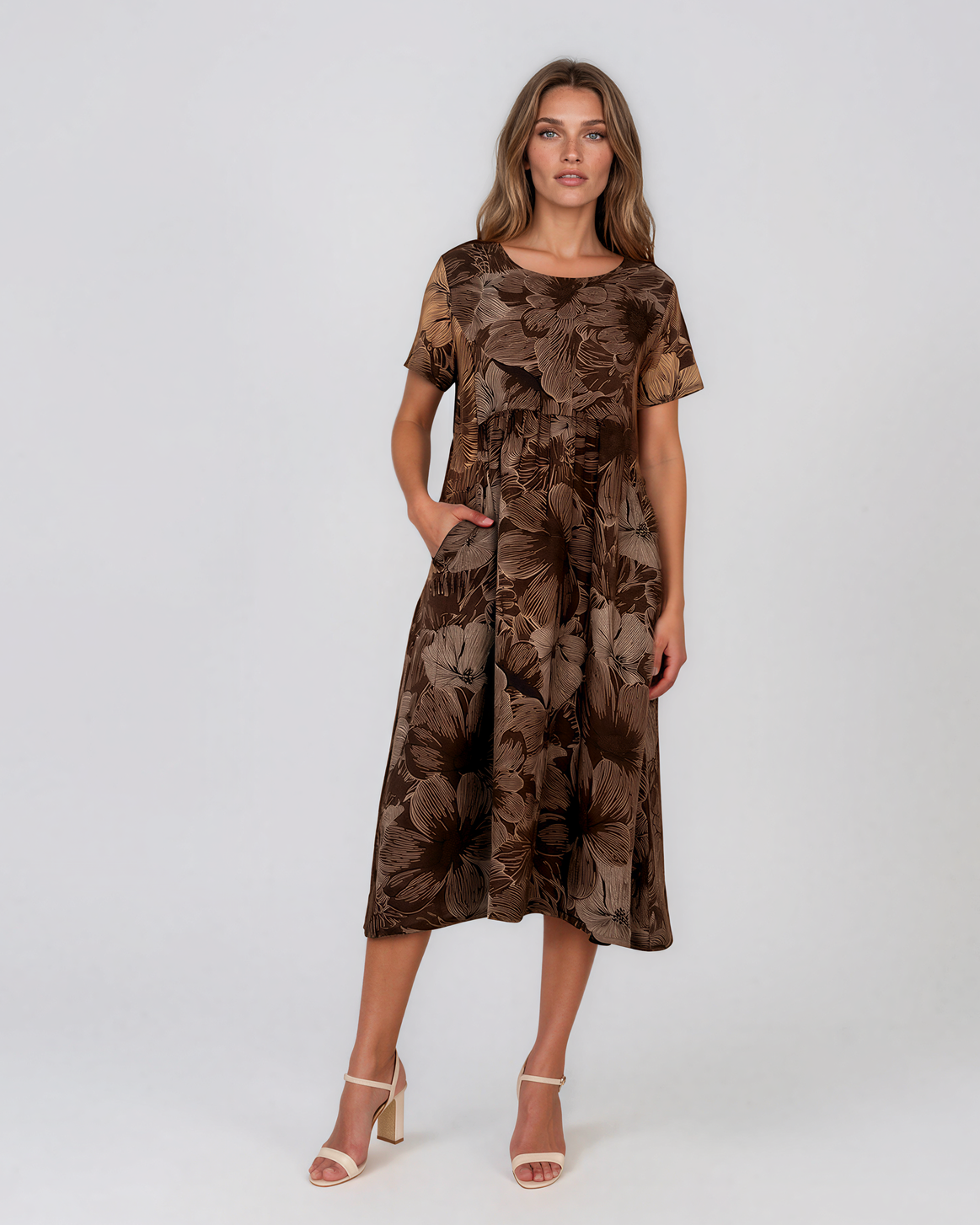 Rochie midi din in cu mânecă scurtă și imprimeu maro PN072