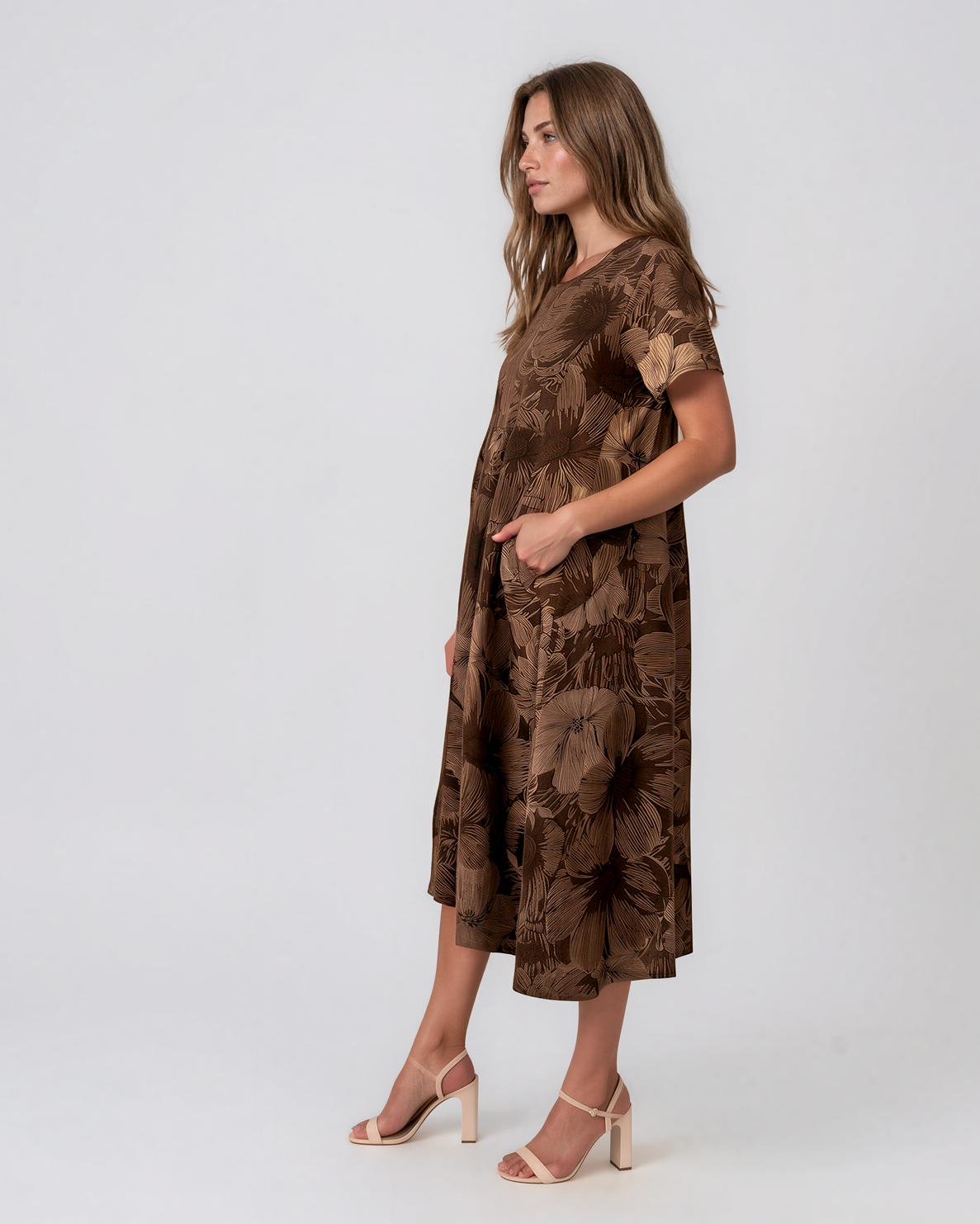 Rochie midi din in cu mânecă scurtă și imprimeu maro PN072