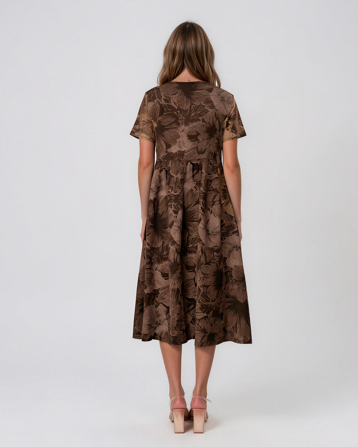 Rochie midi din in cu mânecă scurtă și imprimeu maro PN072