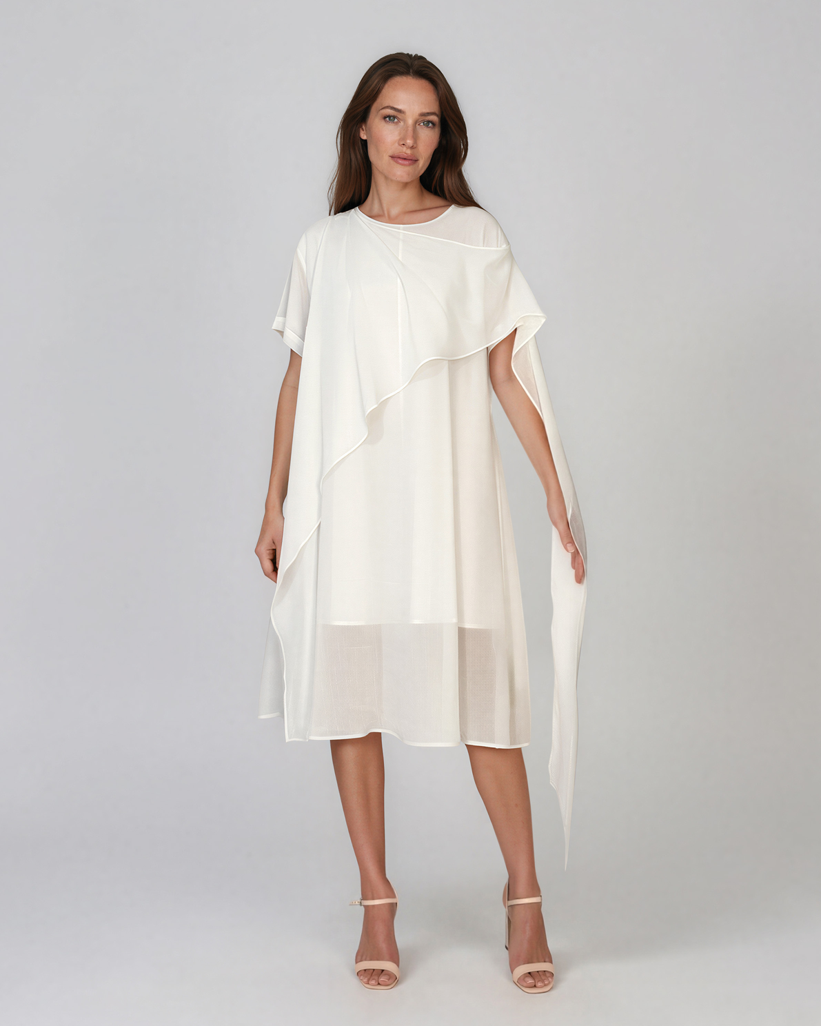 Rochie midi din tencel cu drapaj asimetric alb HL189