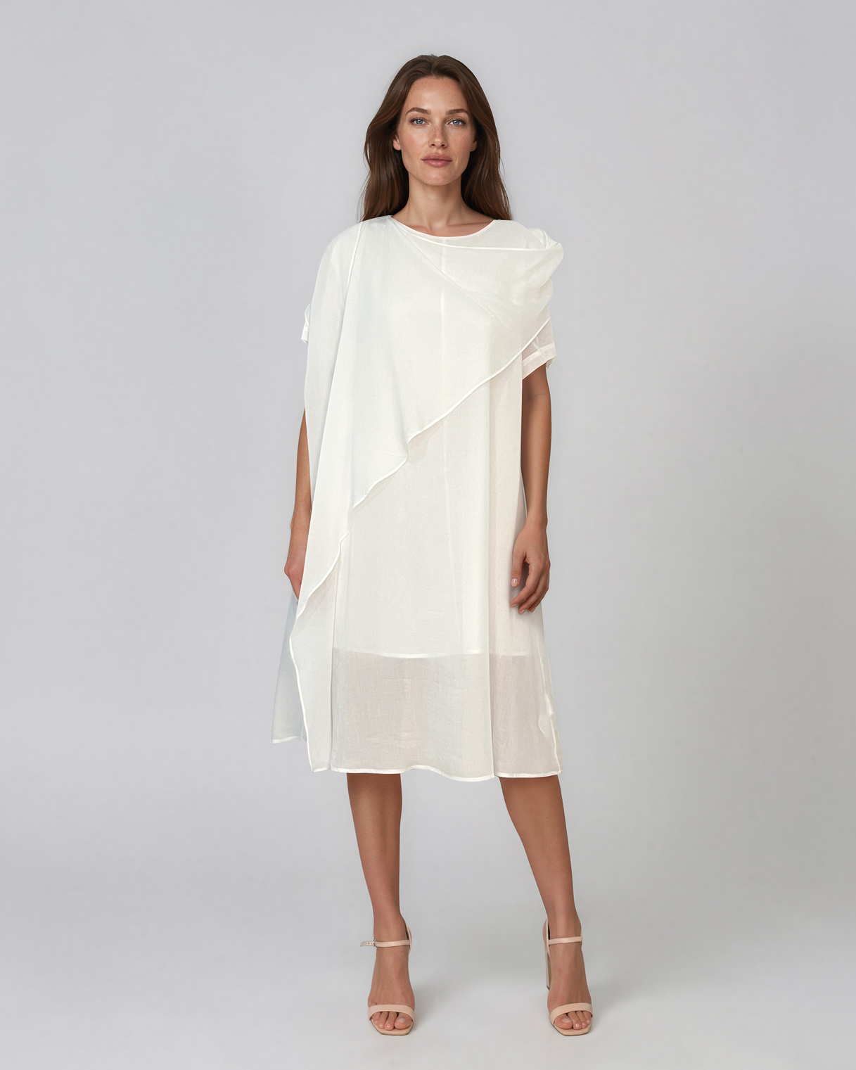 Rochie midi din tencel cu drapaj asimetric alb HL189