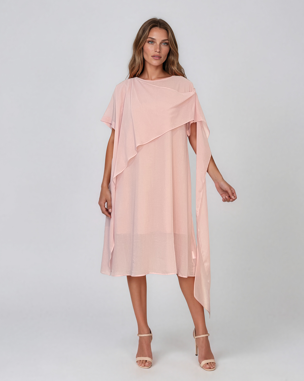 Rochie midi din tencel cu drapaj asimetric roz HL189