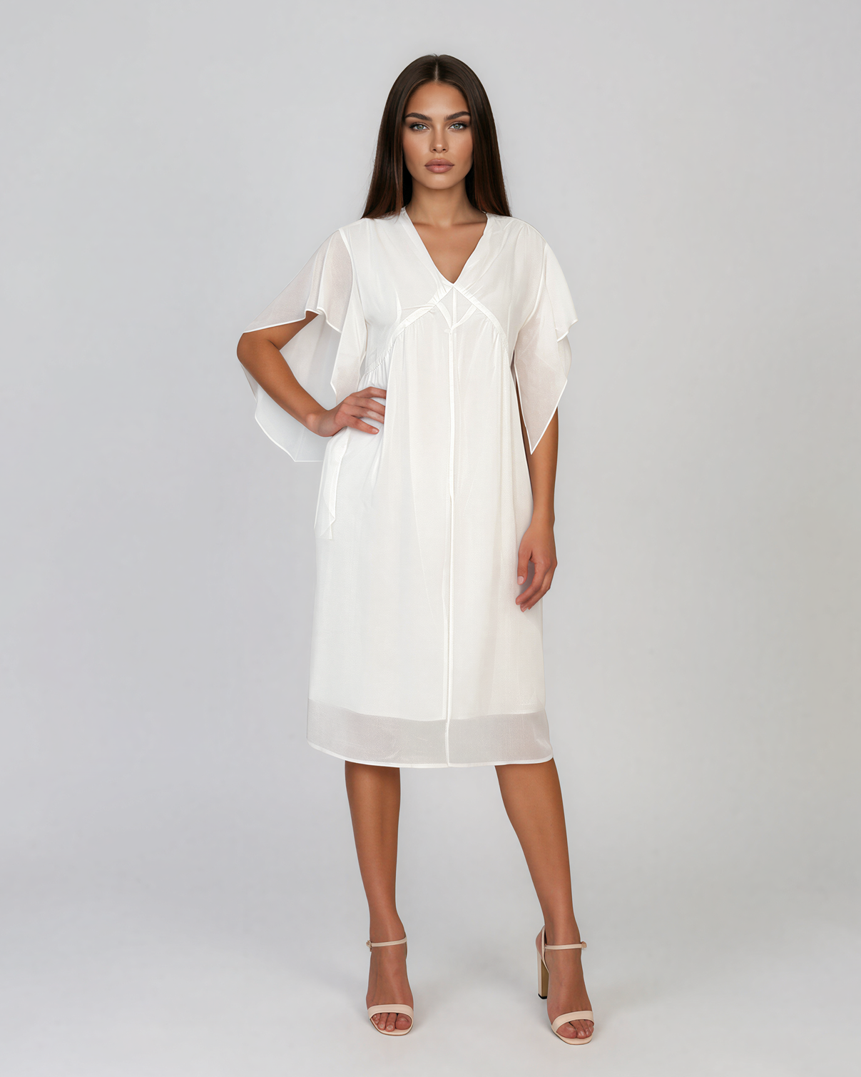Rochie midi din tencel cu mâneci fluture și talie înaltă alb HL182