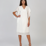 Rochie midi din tencel cu mâneci fluture și talie înaltă alb HL182