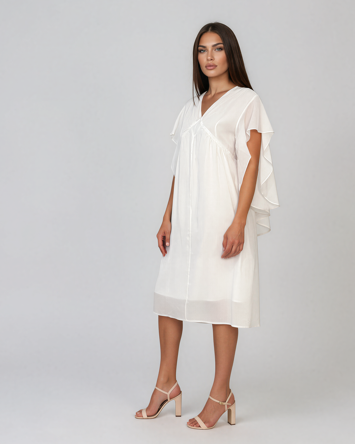 Rochie midi din tencel cu mâneci fluture și talie înaltă alb HL182