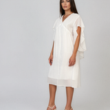 Rochie midi din tencel cu mâneci fluture și talie înaltă alb HL182