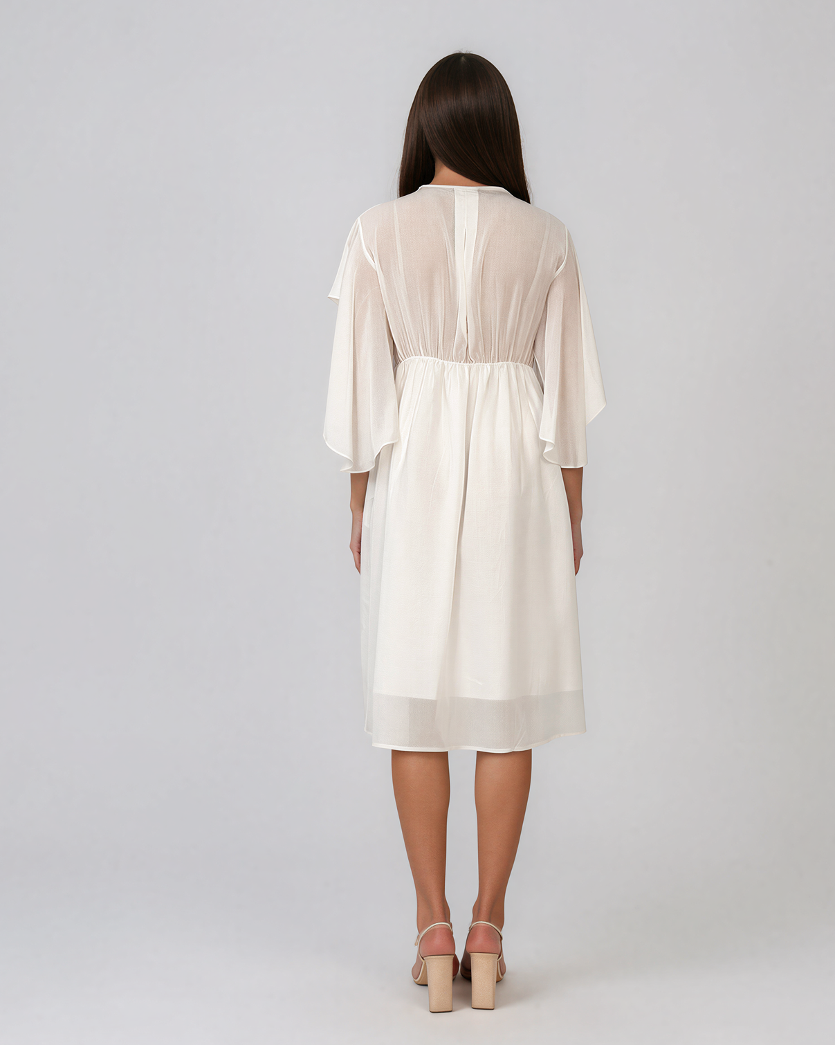 Rochie midi din tencel cu mâneci fluture și talie înaltă alb HL182