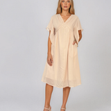 Rochie midi din tencel cu mâneci fluture și talie înaltă crem HL182