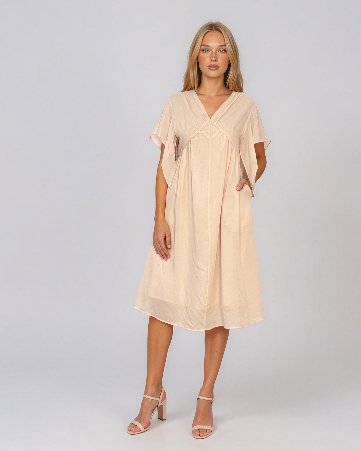 Rochie midi din tencel cu mâneci fluture și talie înaltă crem HL182
