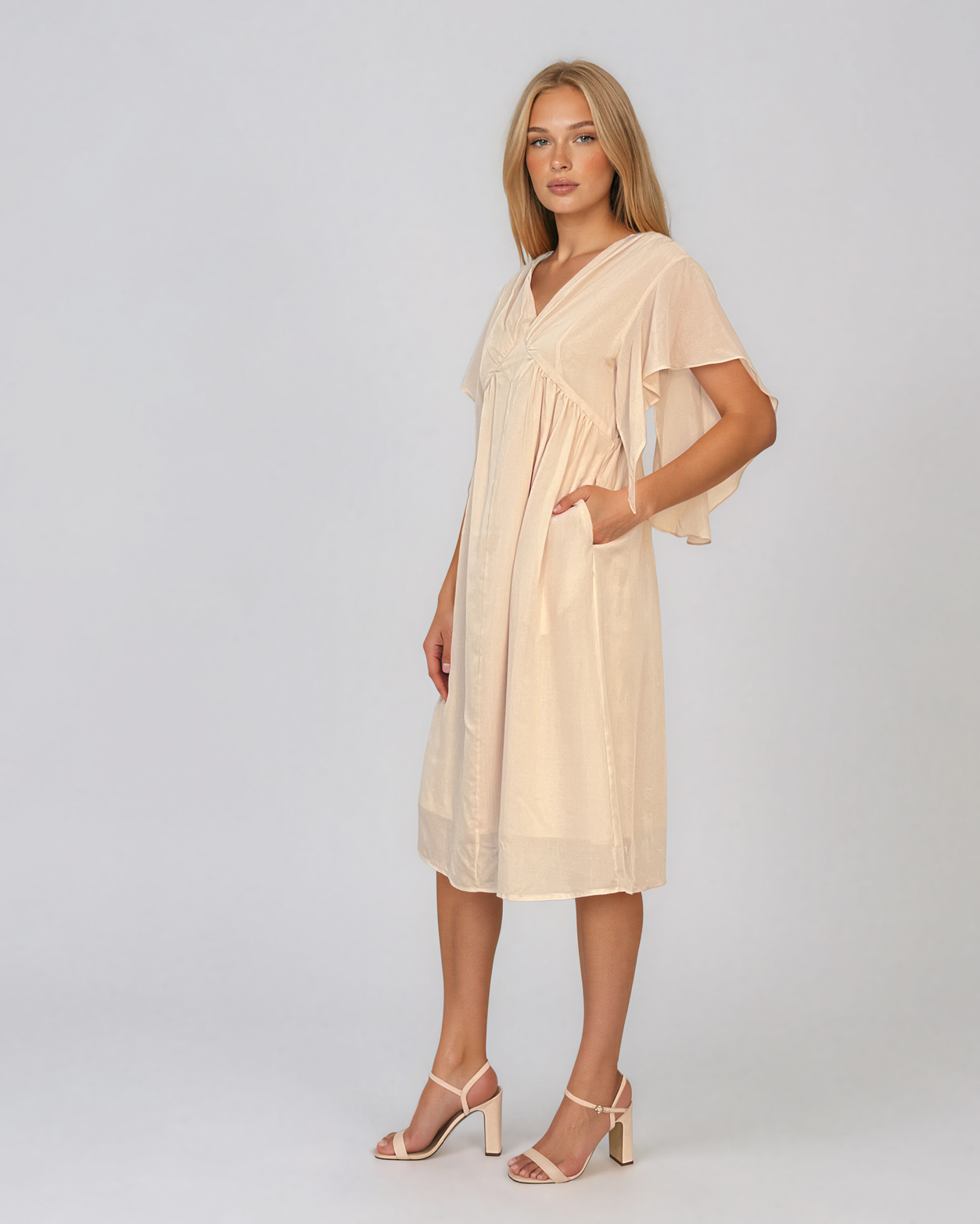 Rochie midi din tencel cu mâneci fluture și talie înaltă crem HL182