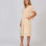 Rochie midi din tencel cu mâneci fluture și talie înaltă crem HL182
