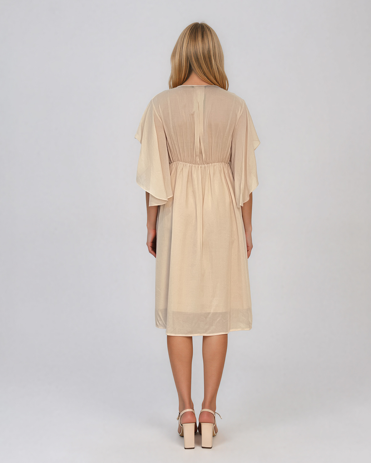Rochie midi din tencel cu mâneci fluture și talie înaltă crem HL182