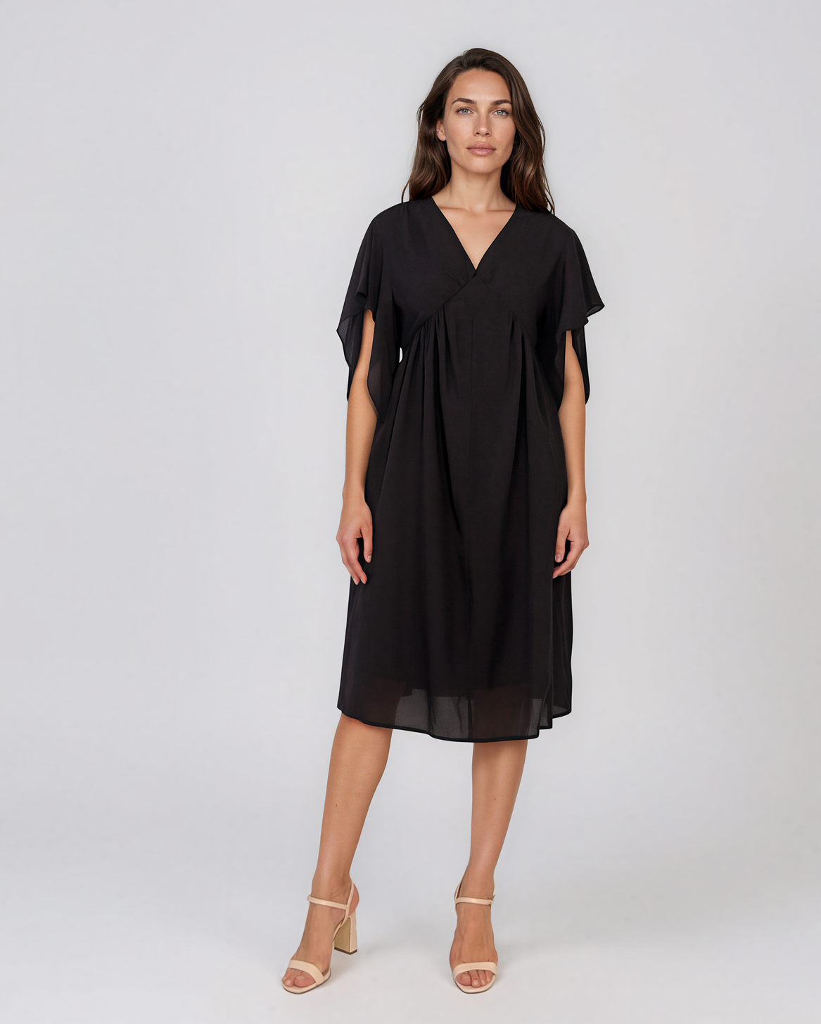 Rochie midi din tencel cu mâneci fluture și talie înaltă negru HL182