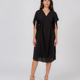 Rochie midi din tencel cu mâneci fluture și talie înaltă negru HL182