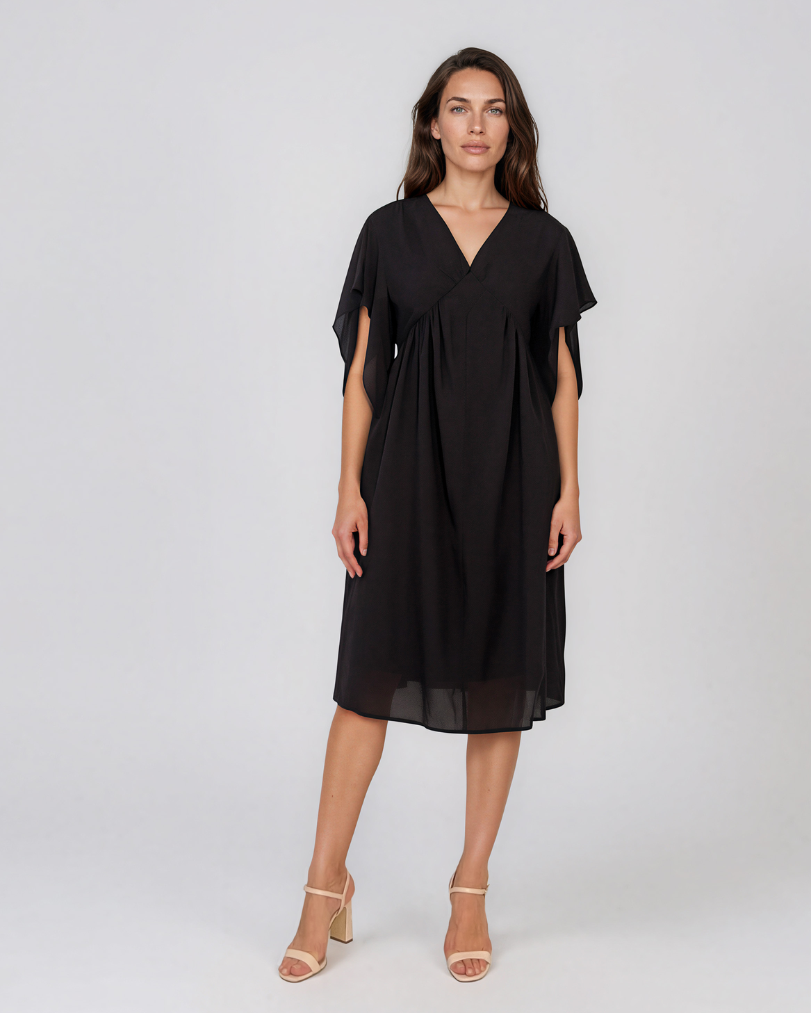 Rochie midi din tencel cu mâneci fluture și talie înaltă negru HL182