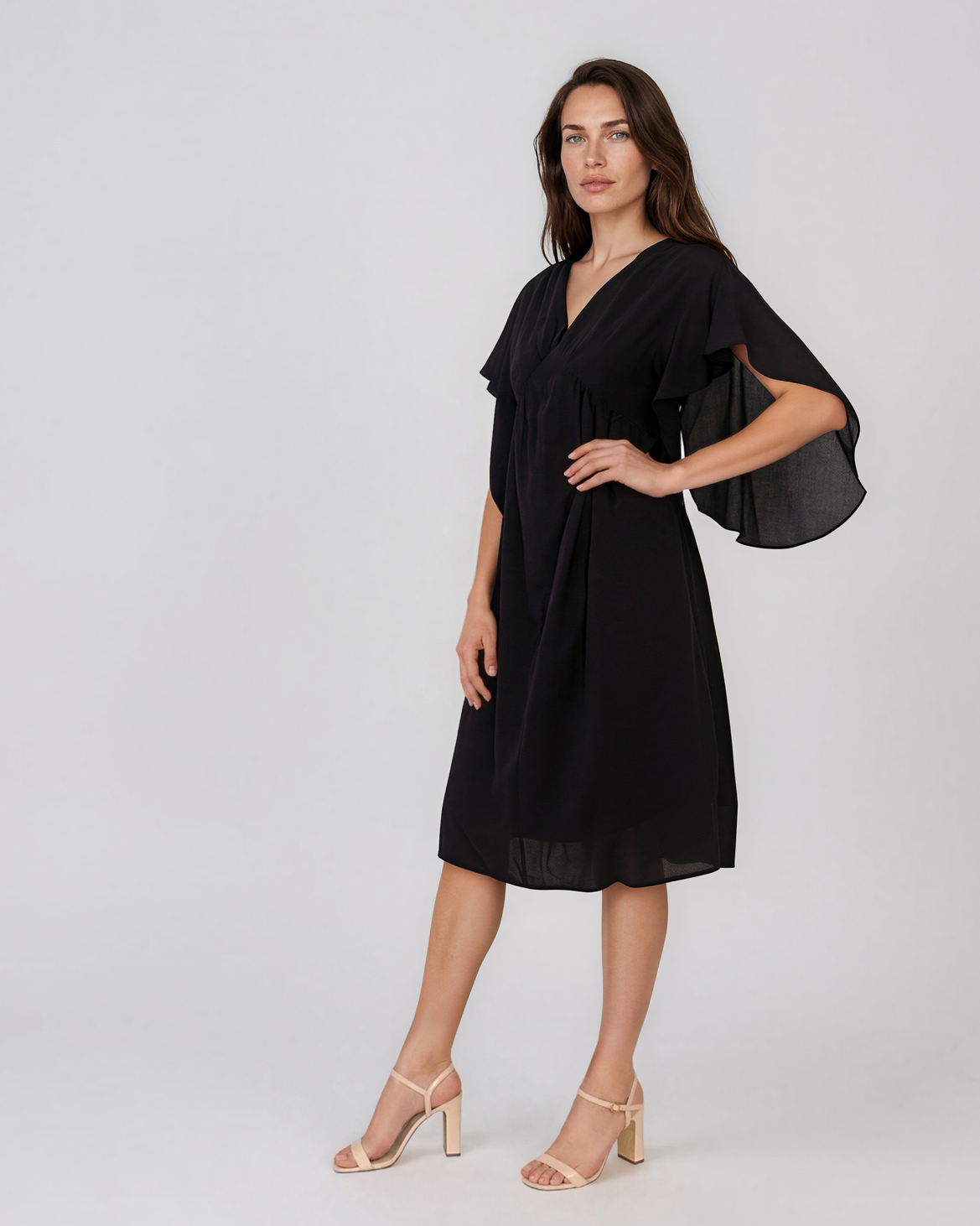 Rochie midi din tencel cu mâneci fluture și talie înaltă negru HL182