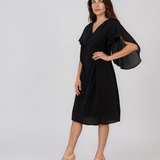 Rochie midi din tencel cu mâneci fluture și talie înaltă negru HL182