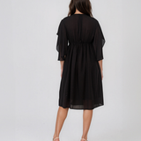 Rochie midi din tencel cu mâneci fluture și talie înaltă negru HL182