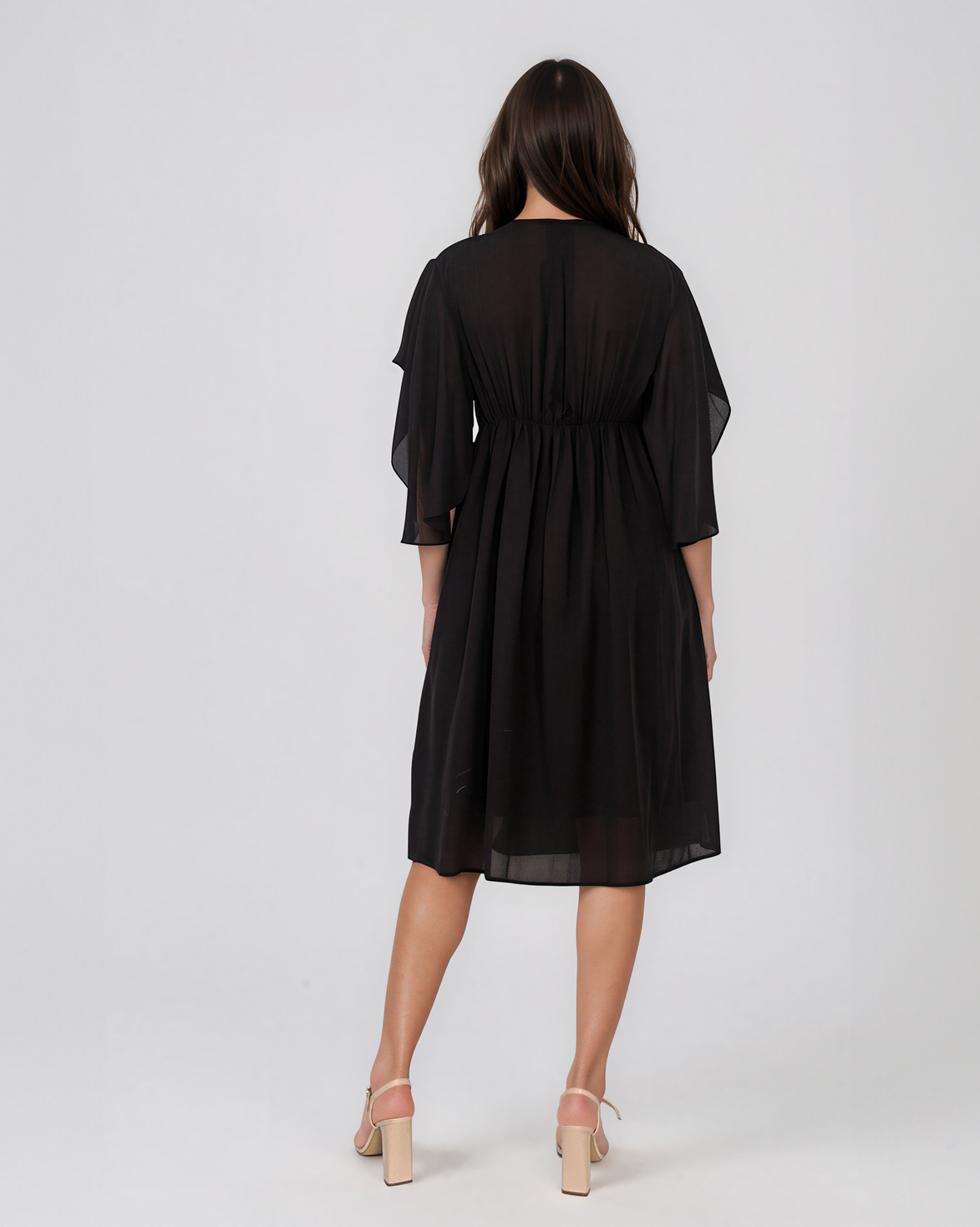 Rochie midi din tencel cu mâneci fluture și talie înaltă negru HL182