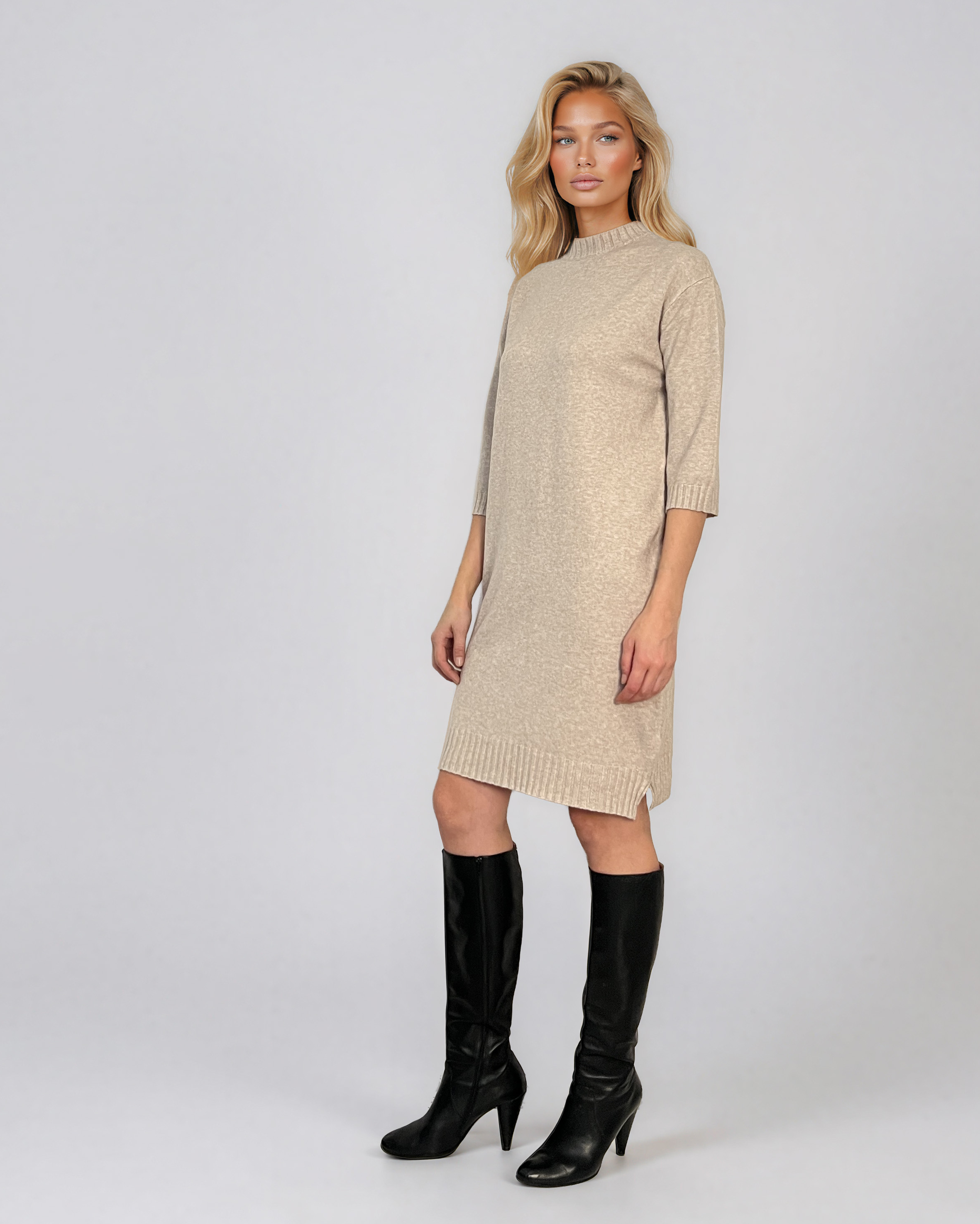 Rochie midi din tricot cu guler înalt crem PN142