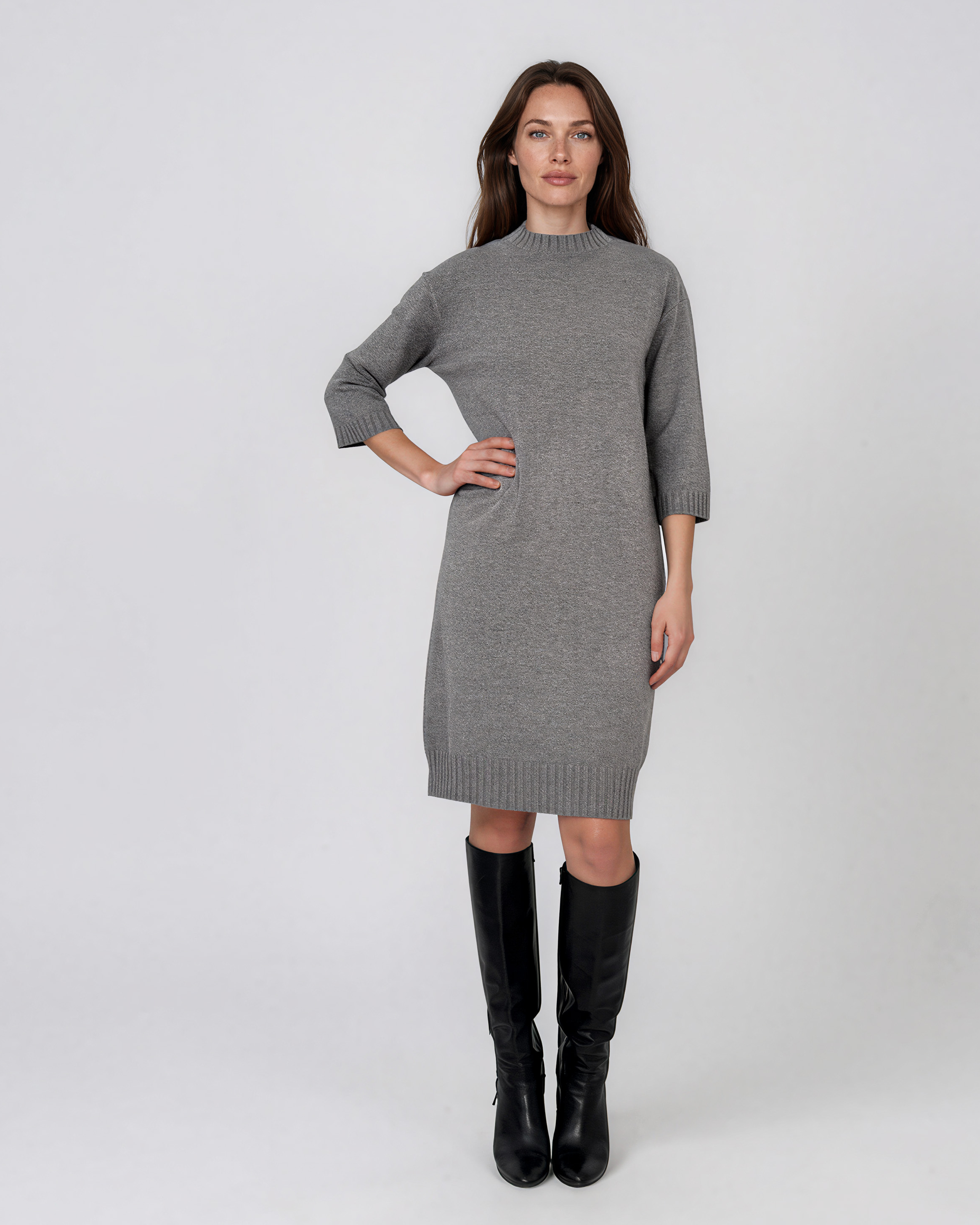 Rochie midi din tricot cu guler înalt gri PN142