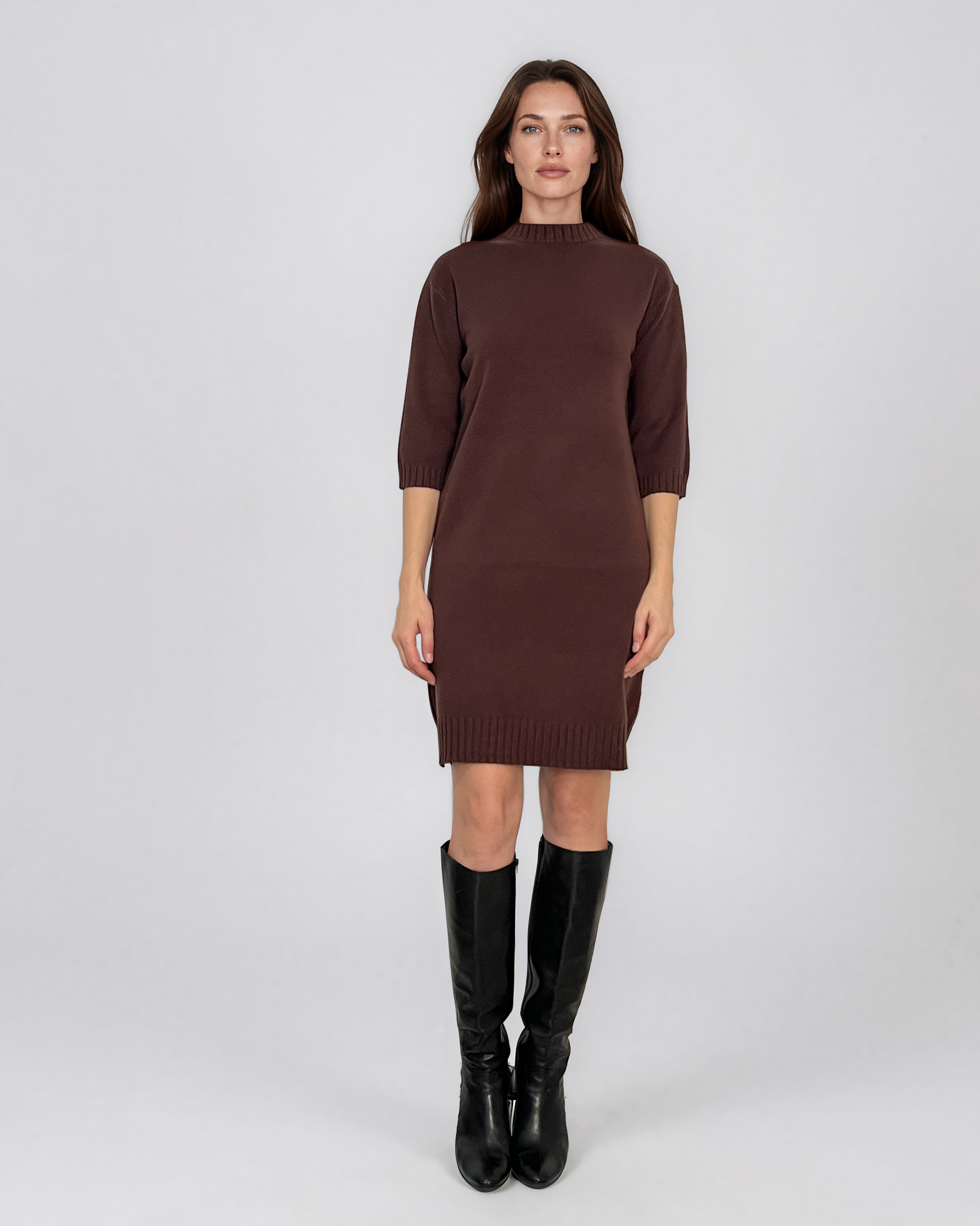Rochie midi din tricot cu guler înalt maro PN142
