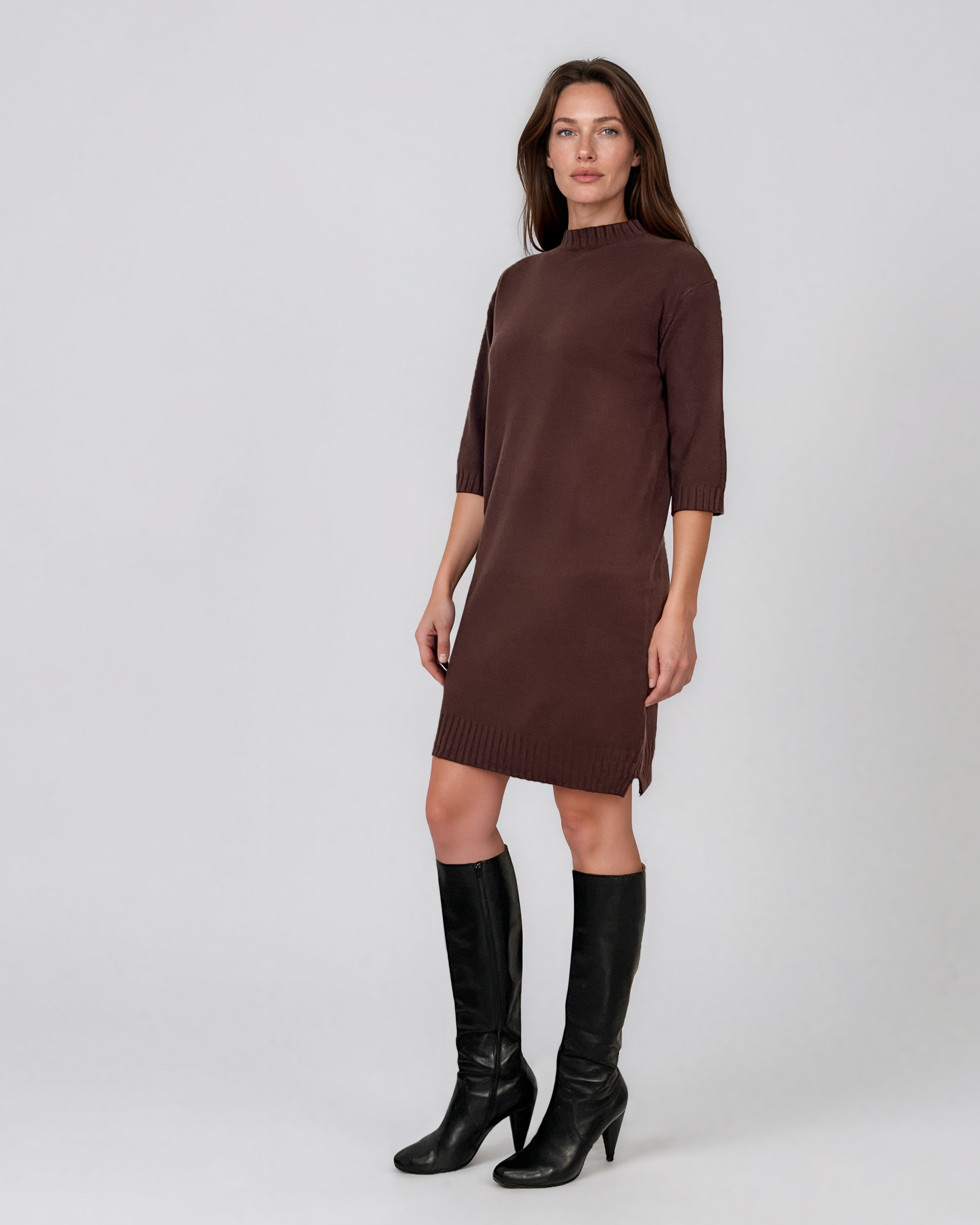 Rochie midi din tricot cu guler înalt maro PN142