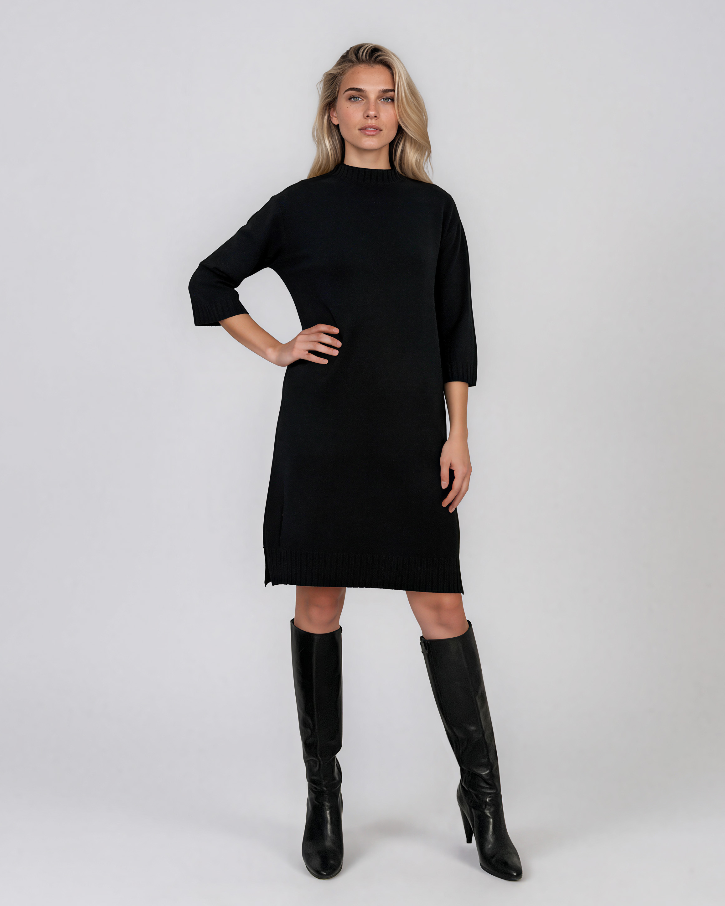 Rochie midi din tricot cu guler înalt negru PN142