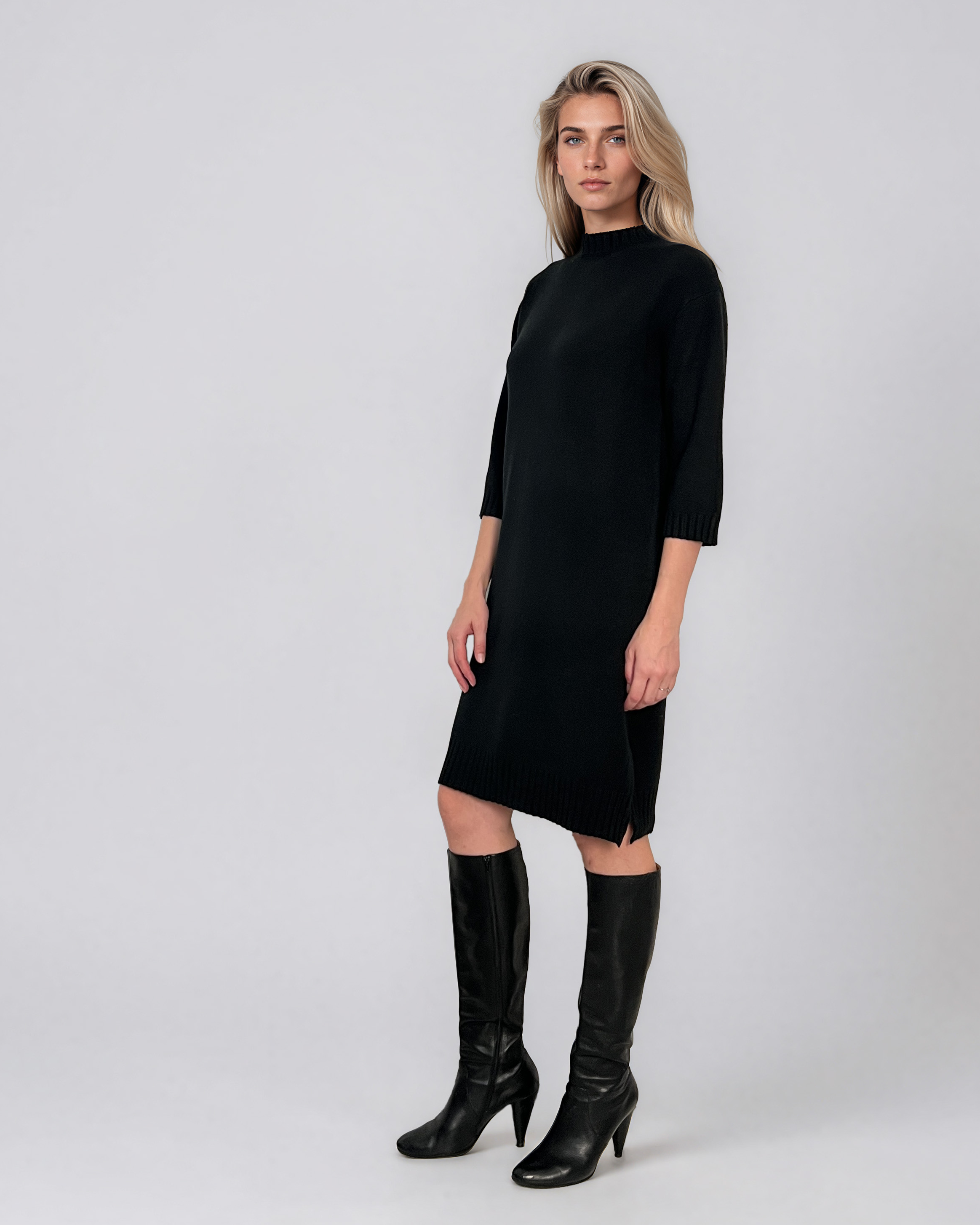 Rochie midi din tricot cu guler înalt negru PN142
