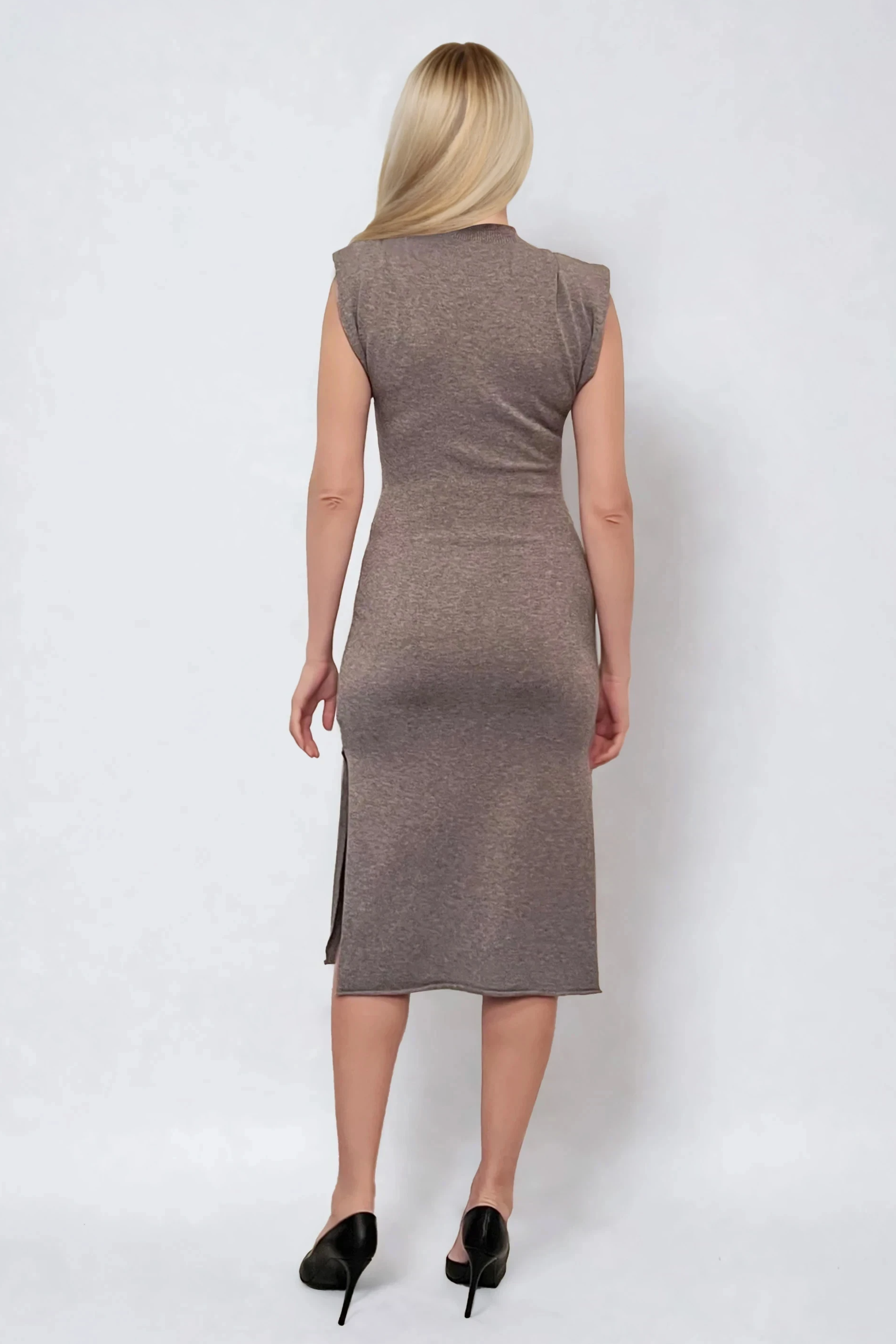 Rochie midi din tricot cu slituri laterale gri 