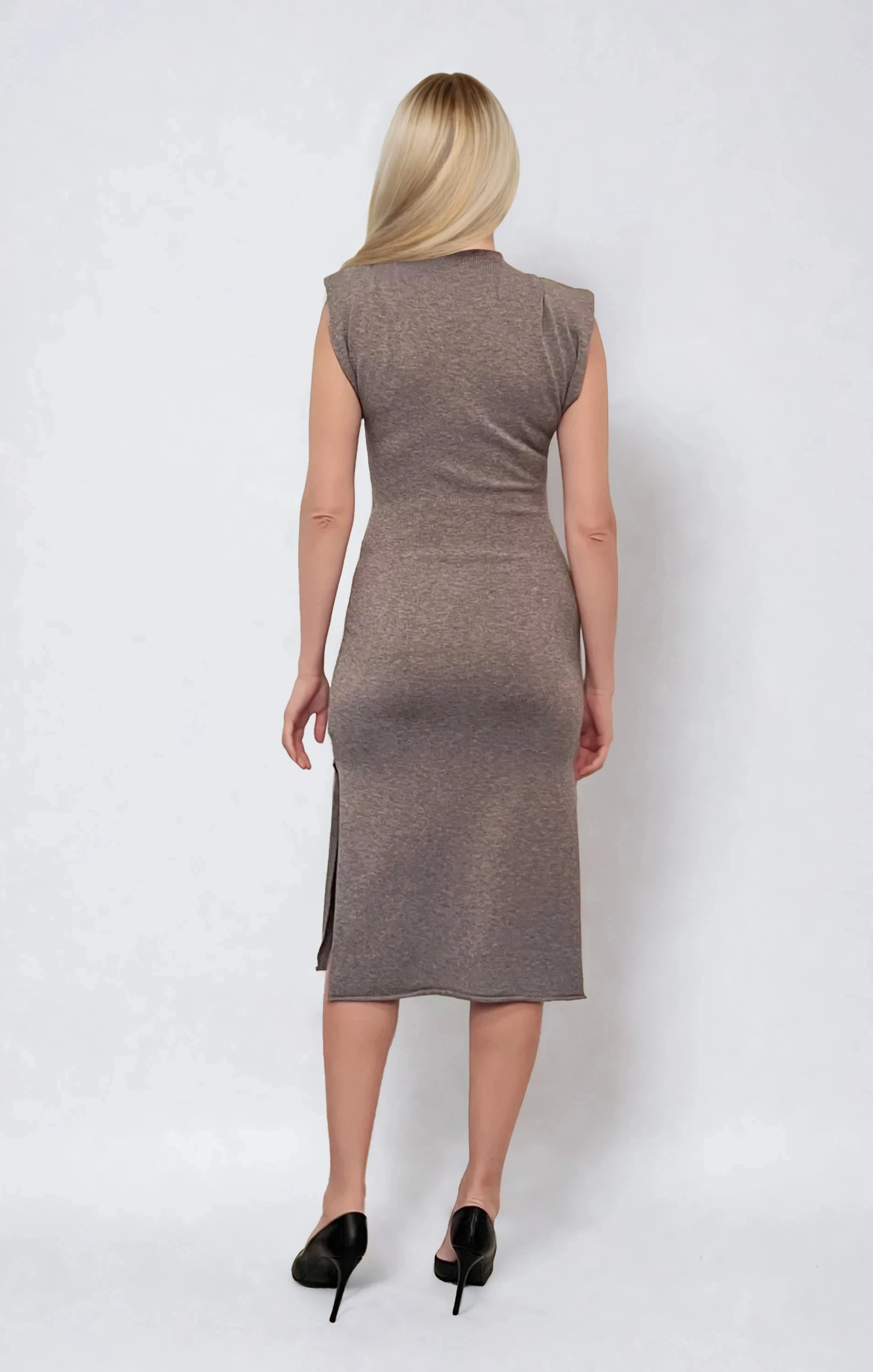 Rochie midi din tricot cu slituri laterale gri 