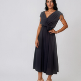 Rochie midi din vâscoză cu decolteu petrecut și umeri încrețiți bleumarin HL187