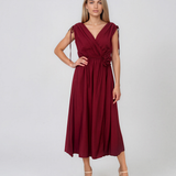 Rochie midi din vâscoză cu decolteu petrecut și umeri încrețiți grena HL187