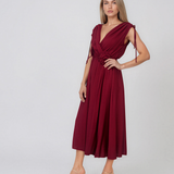 Rochie midi din vâscoză cu decolteu petrecut și umeri încrețiți grena HL187