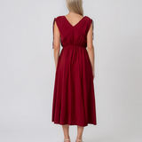 Rochie midi din vâscoză cu decolteu petrecut și umeri încrețiți grena HL187