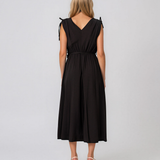 Rochie midi din vâscoză cu decolteu petrecut și umeri încrețiți negru HL187