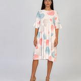 Rochie midi din vâscoză cu imprimeu cu cercuri și funde pe spate alb PR967