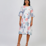 Rochie midi din vâscoză cu imprimeu cu cercuri și funde pe spate bleu PR967