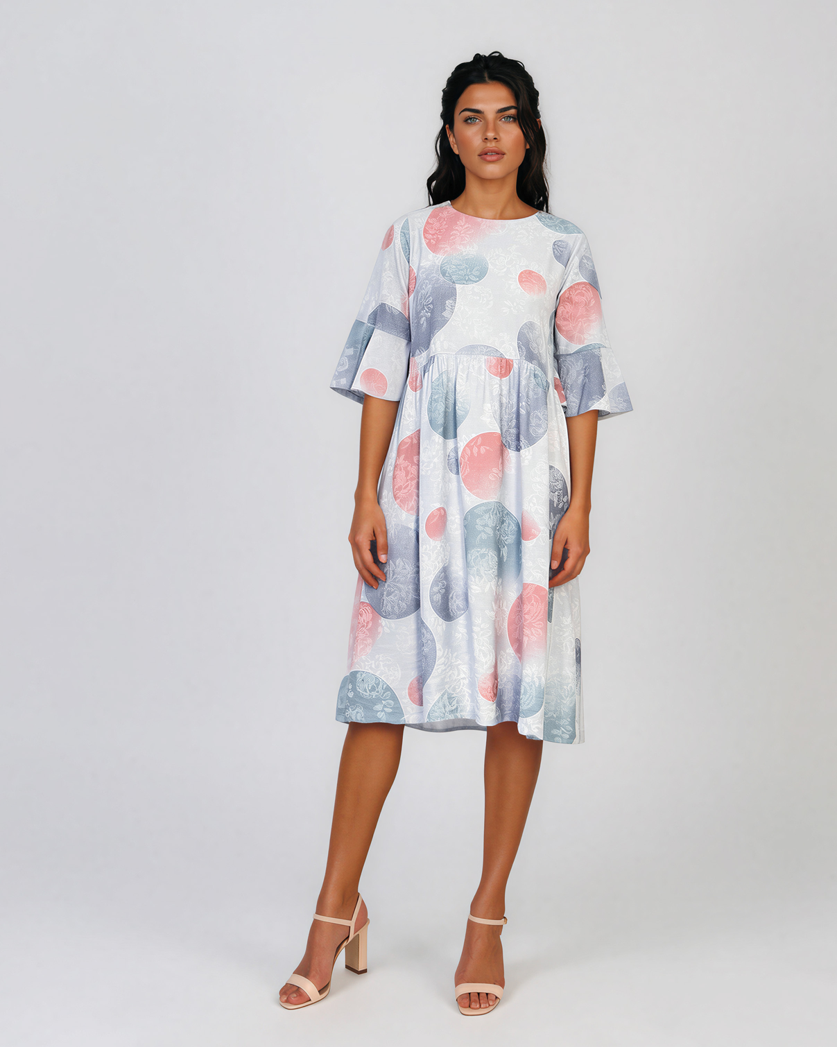 Rochie midi din vâscoză cu imprimeu cu cercuri și funde pe spate bleu PR967