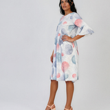 Rochie midi din vâscoză cu imprimeu cu cercuri și funde pe spate bleu PR967