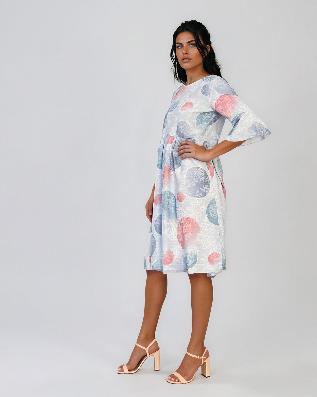 Rochie midi din vâscoză cu imprimeu cu cercuri și funde pe spate bleu PR967