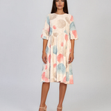 Rochie midi din vâscoză cu imprimeu cu cercuri și funde pe spate crem PR967