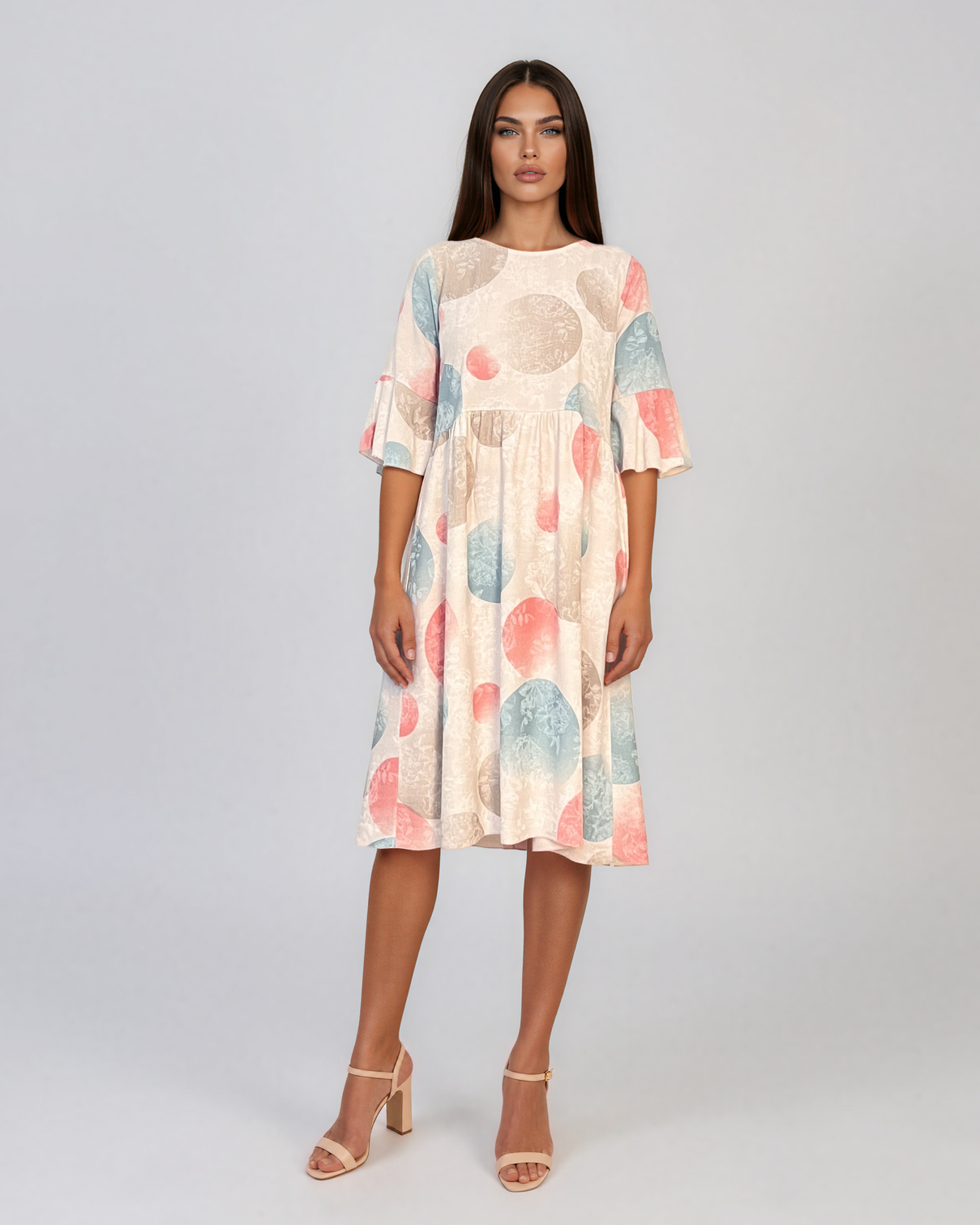 Rochie midi din vâscoză cu imprimeu cu cercuri și funde pe spate crem PR967