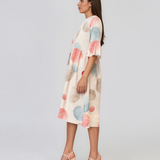 Rochie midi din vâscoză cu imprimeu cu cercuri și funde pe spate crem PR967