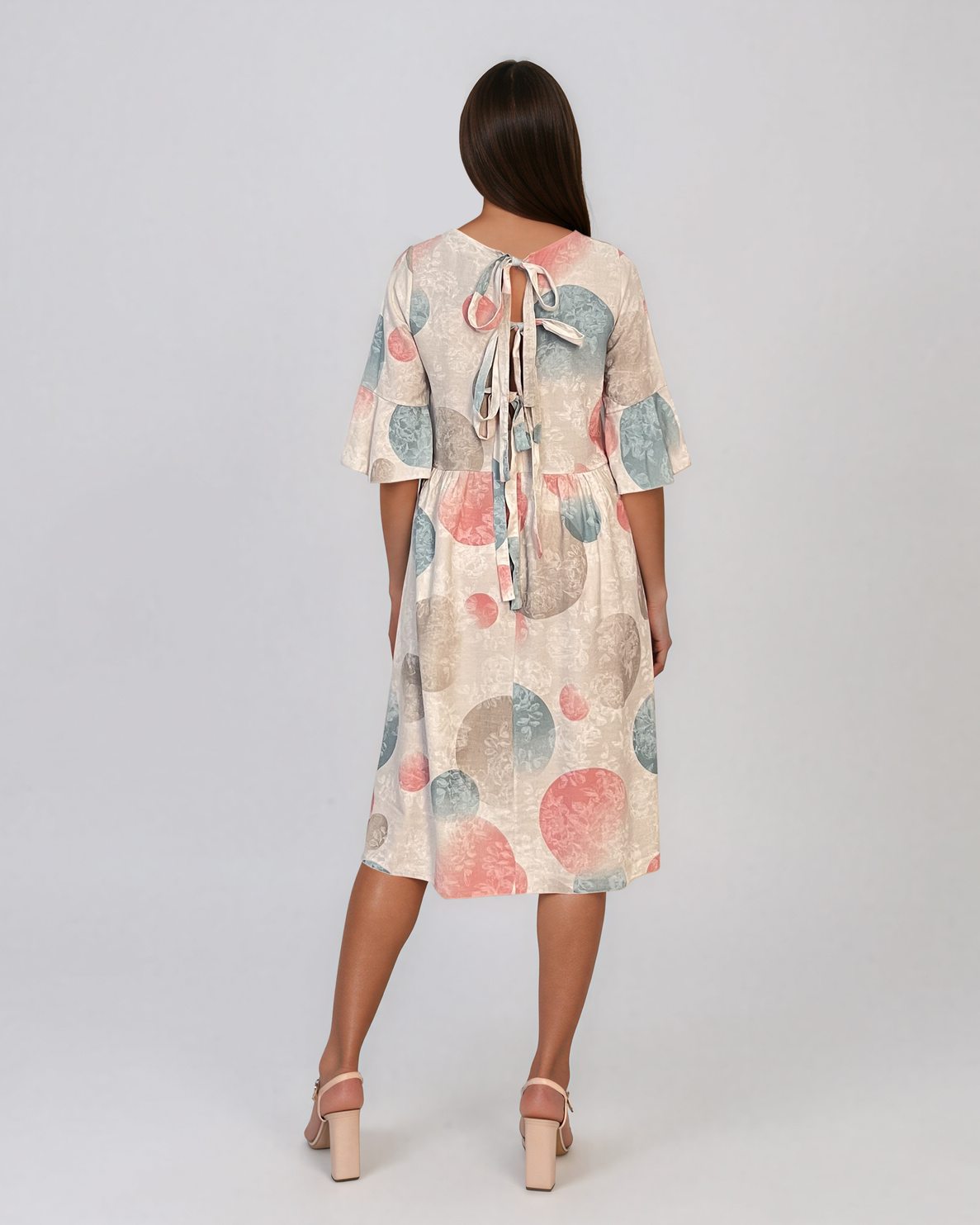 Rochie midi din vâscoză cu imprimeu cu cercuri și funde pe spate crem PR967