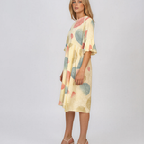 Rochie midi din vâscoză cu imprimeu cu cercuri și funde pe spate galben PR967