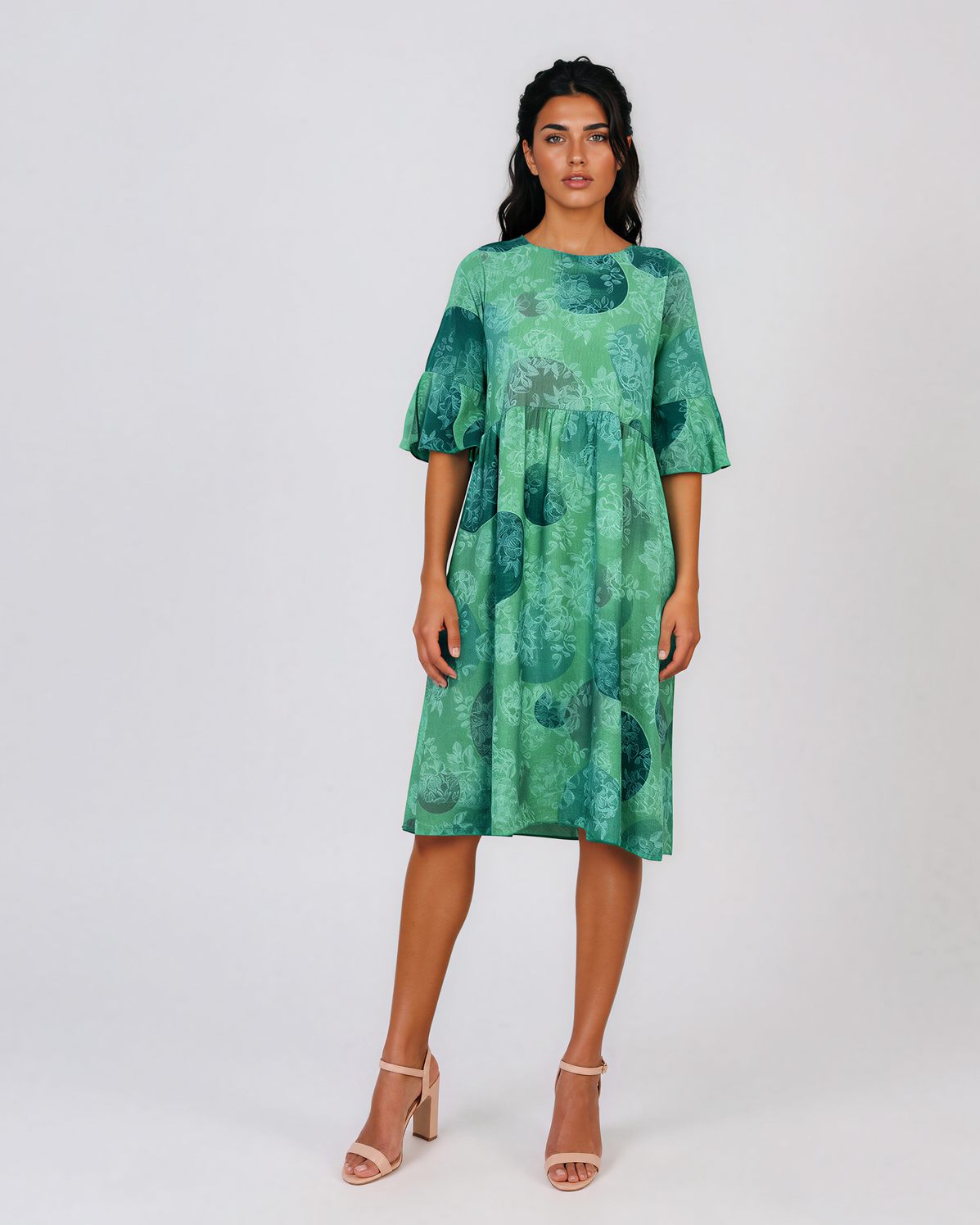 Rochie midi din vâscoză cu imprimeu cu cercuri și funde pe spate verde PR967