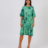 Rochie midi din vâscoză cu imprimeu cu cercuri și funde pe spate verde PR967